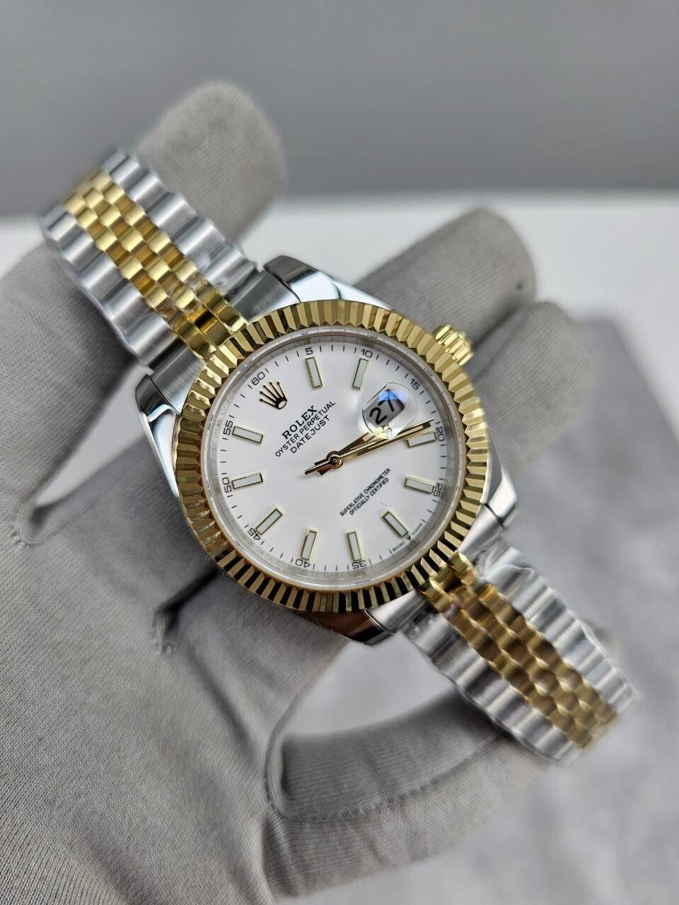 Datejust 41mm White Dial Two Tone Watch Men's