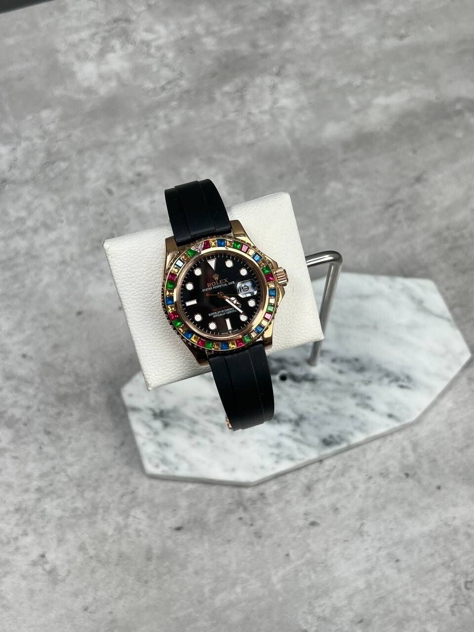 Yacht-Master Rainbow Diamond Bezel Watch with Rubber Straps Men's