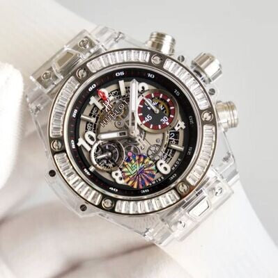 Big Bang Unico Sapphire Diamond Bezel Watch with Black Rubber Strap