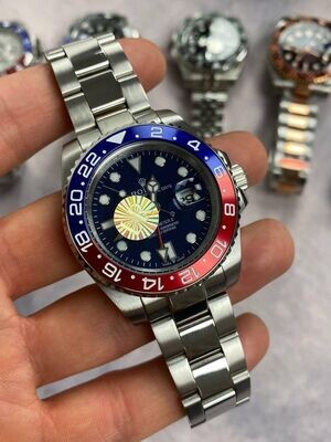 GMT Master II Black Dial Watch in Silver Chain Strap with Red/Blue Bezel