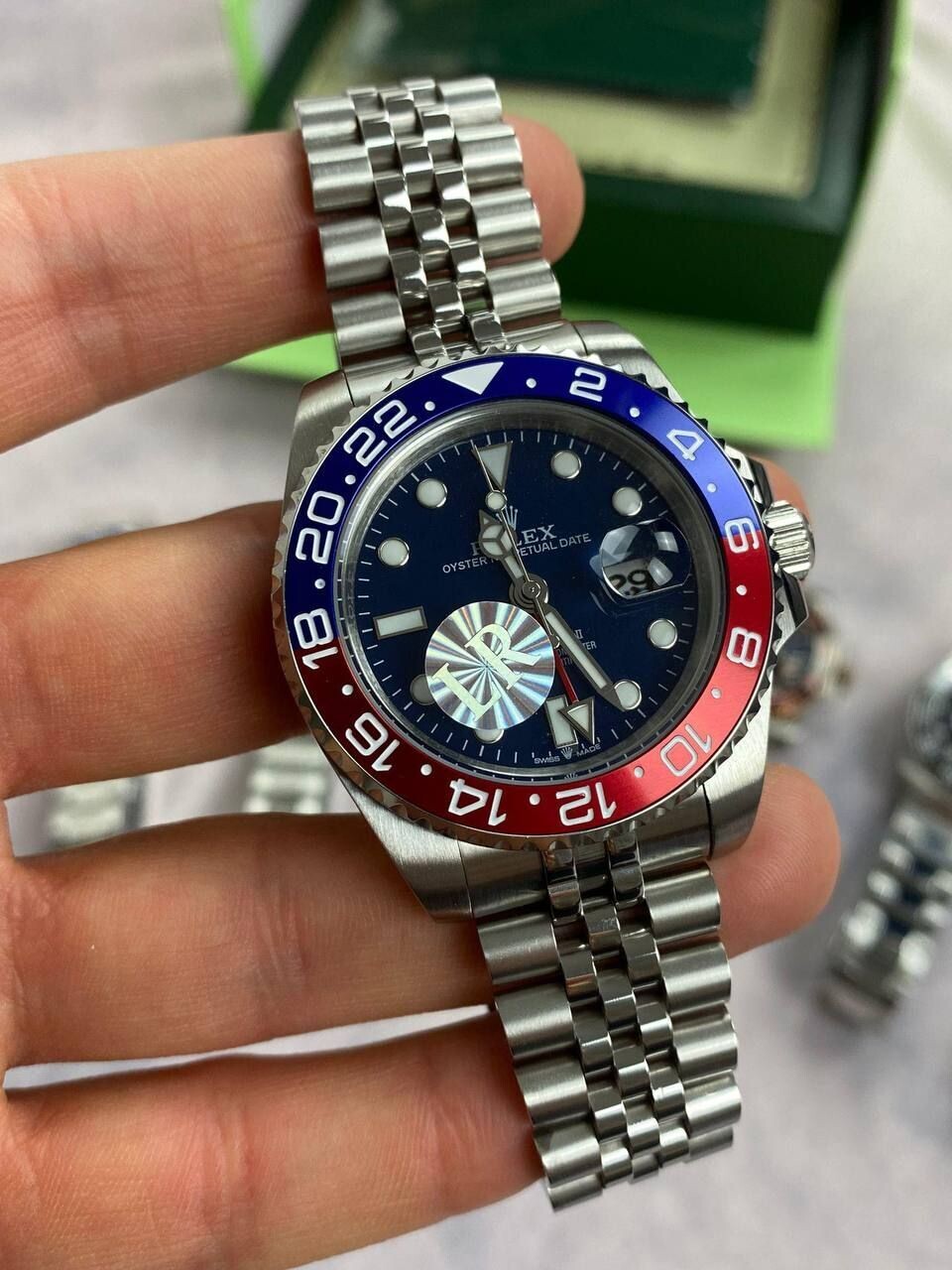 GMT Master II Black Dial Watch in Silver Chain Strap with Red/Blue Bezel