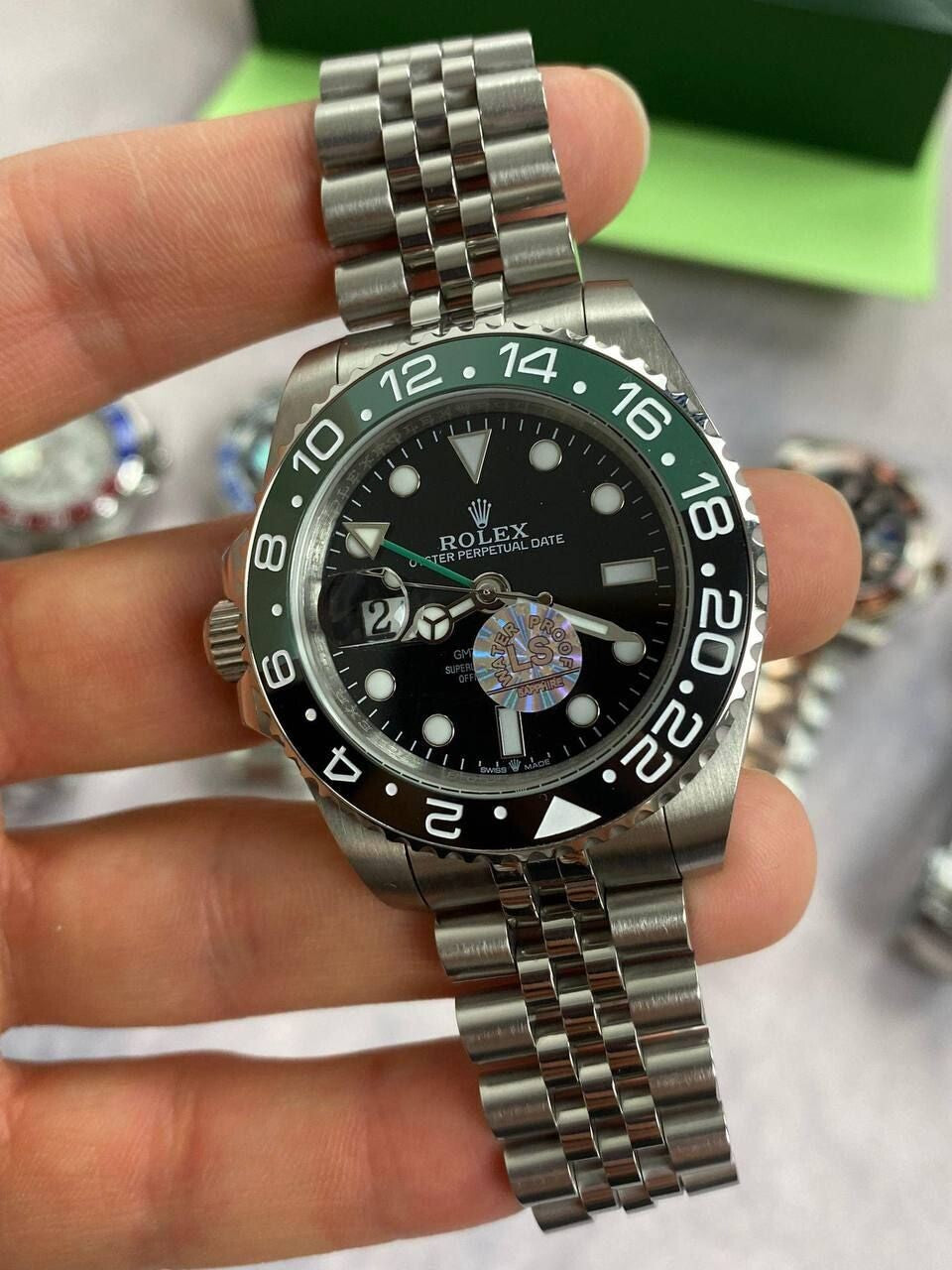 GMT Master II Black Dial Watch in Silver Chain Strap with Black/Green Bezel