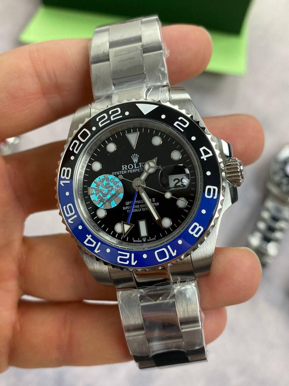 GMT Master II Black Dial Watch in Silver Chain Strap with Black/Blue Bezel