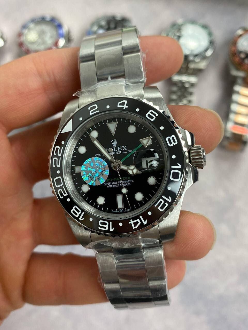 GMT Master II Black Dial Watch in Silver Chain Strap with Black Bezel